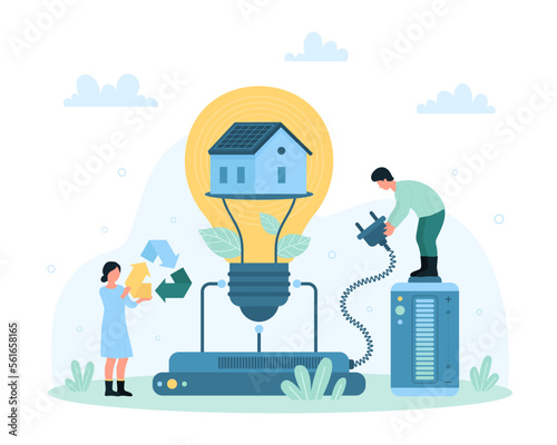 Eco energy vector illustration. Cartoon tiny people hold recycling sign and plug of charger to recharge and connect smart family home inside bright light bulb to battery, electro station of future