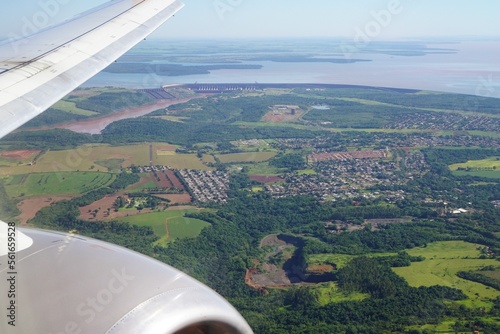 Itaipu powerplant. Hydroelectric. Aerial view of airplane. Turbine. Foz do Iguaçu. Brasil e Paraguai. Brazil and Paraguay.