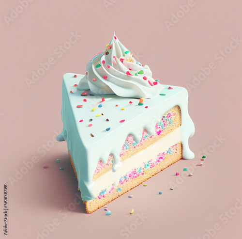 piece of coconut cake with meringue cream and colorful caramel crumbs. close-up	