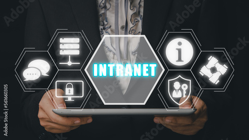 Intranet concept, Businessman using digital tablet with intranet icon on virtual screen.