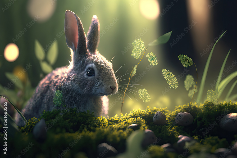 cute rabbit in a spring forest scene, generative ai - obrazy, fototapety, plakaty 