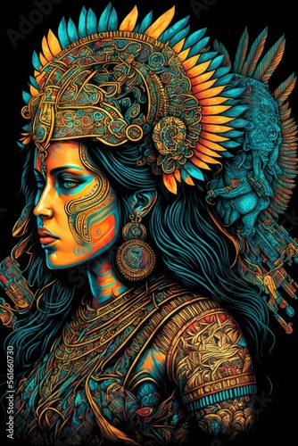 Graphic Mayan Aztec Warrior Woman Illustration, AI Generated Image of a Colorful Powerful Mexica Queen