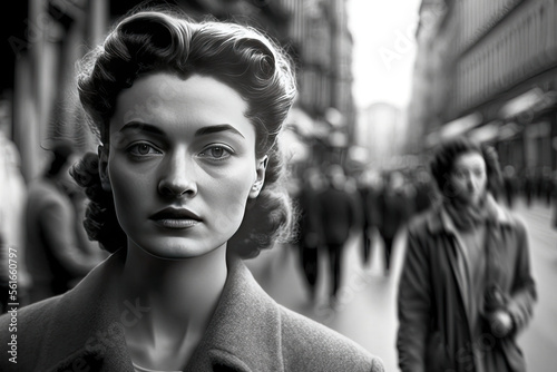 young Italian woman walking in Rome in 1950. monochromatic vintage. This image was created with generative AI,