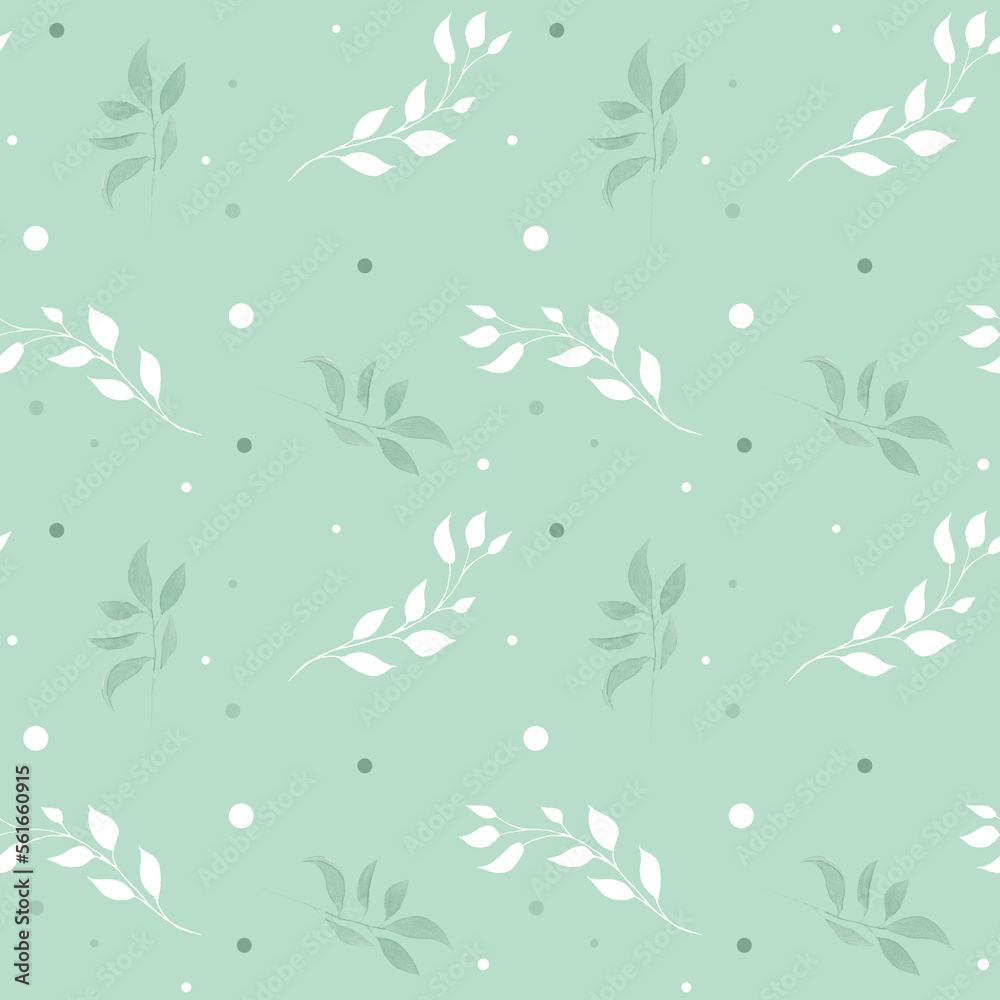 Seamless background with green and white leave doodles on bright green background. Luxury pattern for creating textiles, wallpaper, paper. Vintage. Romantic floral Illustration