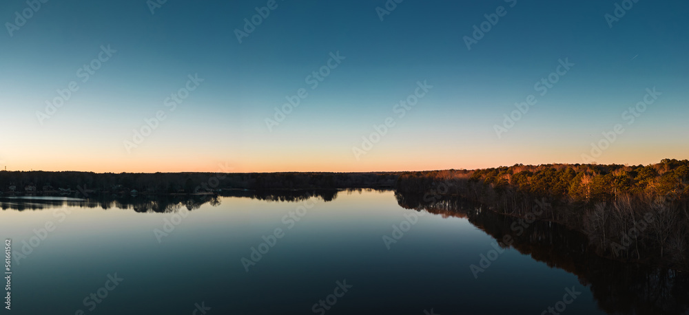 Beautiful aerial view of a lake at sunset, nature. ozark lakes, peachtree city.