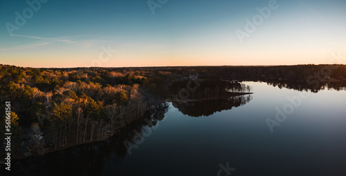 Beautiful aerial view of a lake at sunset  nature. ozark lakes  peachtree city.