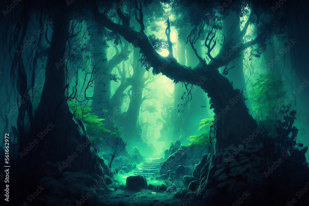 Fototapeta premium A fairy tale forest, a fantastic fairy tale with paths between the trees, and a fabulous atmosphere. Generated with AI.