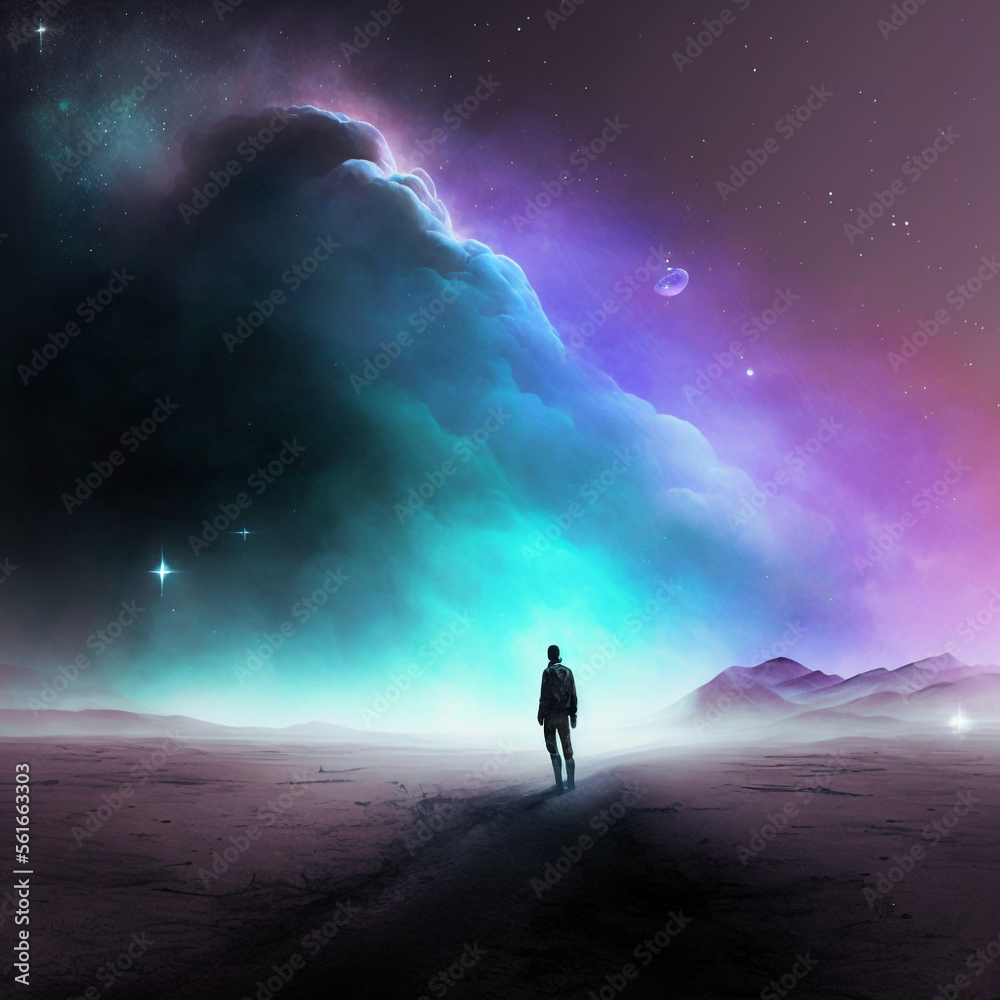 AI-Generated Portrait of Futuristic person Astronaut standing in a Cosmos Nebula landscaped vista. Highly detailed 8k Digital space art. Generative art of a space explorer in a magical galactic night