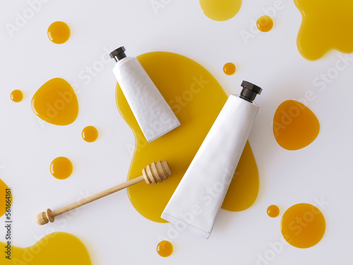The concept of hand cream with honey drops,puddles. mockup of honey lip balm, a cosmetic white tube with a black lid. A place for the label and your logo.Product Design template,3d render illustration