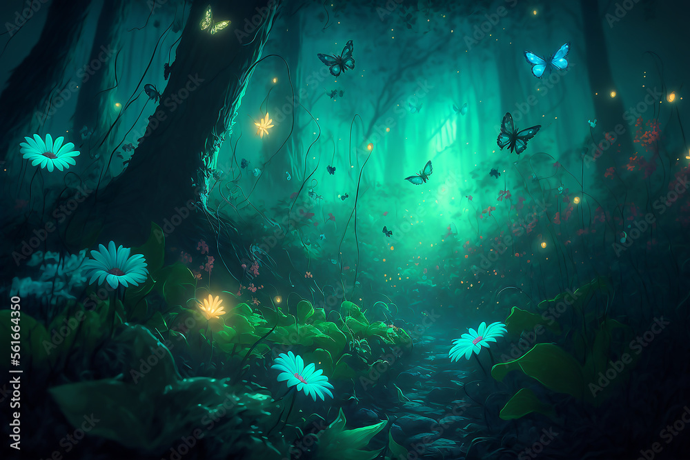 Fototapeta premium A fairy tale forest, a fantastic fairy tale with paths between the trees, and a fabulous atmosphere. Generated with AI.