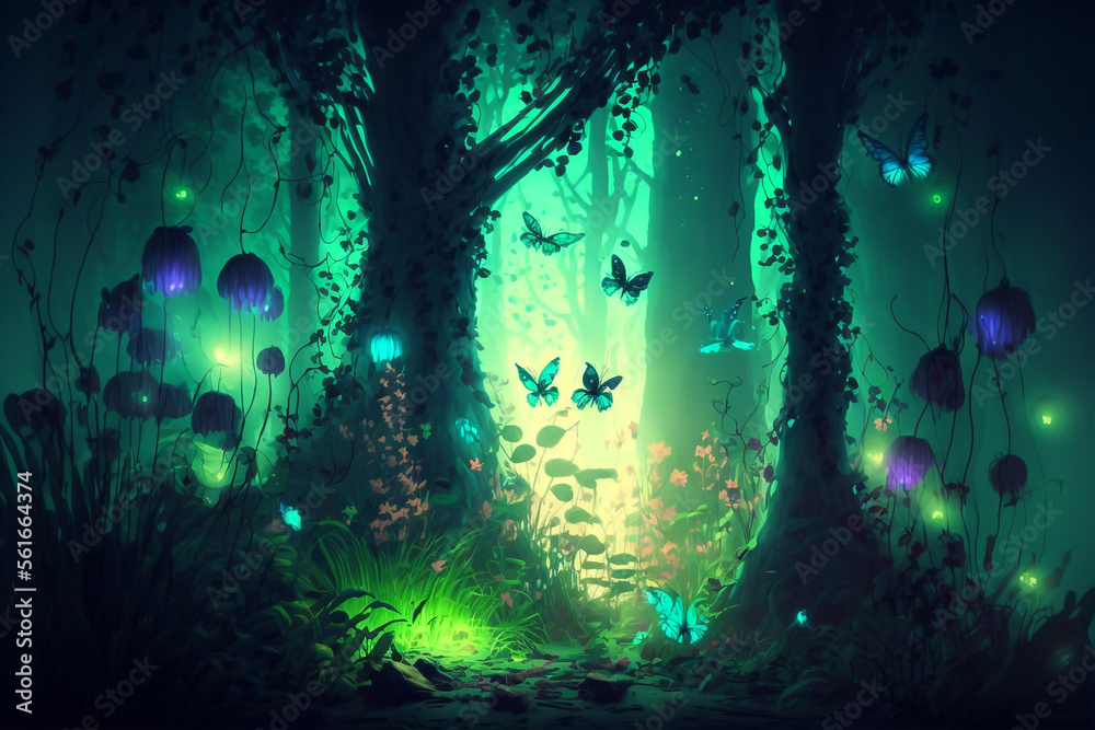 Obraz premium A fairy tale forest, a fantastic fairy tale with paths between the trees, and a fabulous atmosphere. Generated with AI.