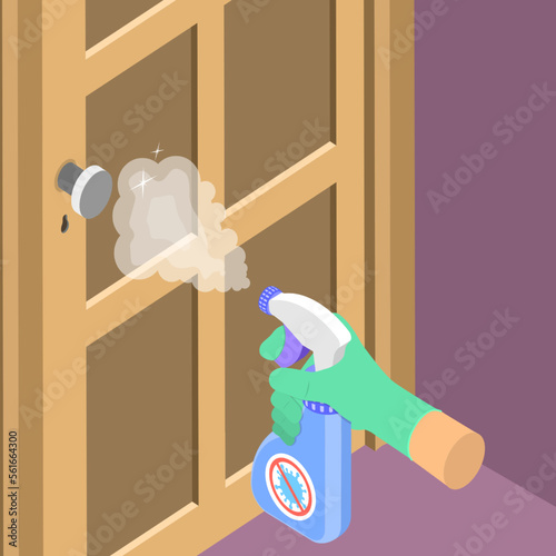 3D Isometric Flat Vector Icon of Door Handle Cleaning, Prevention Spreading Bacteria and Viruses