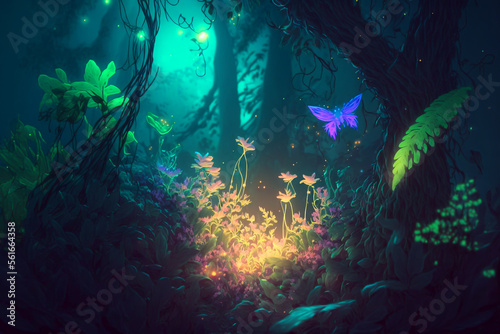A fairy tale forest, a fantastic fairy tale with paths between the trees, and a fabulous atmosphere. Generated with AI. © png resources