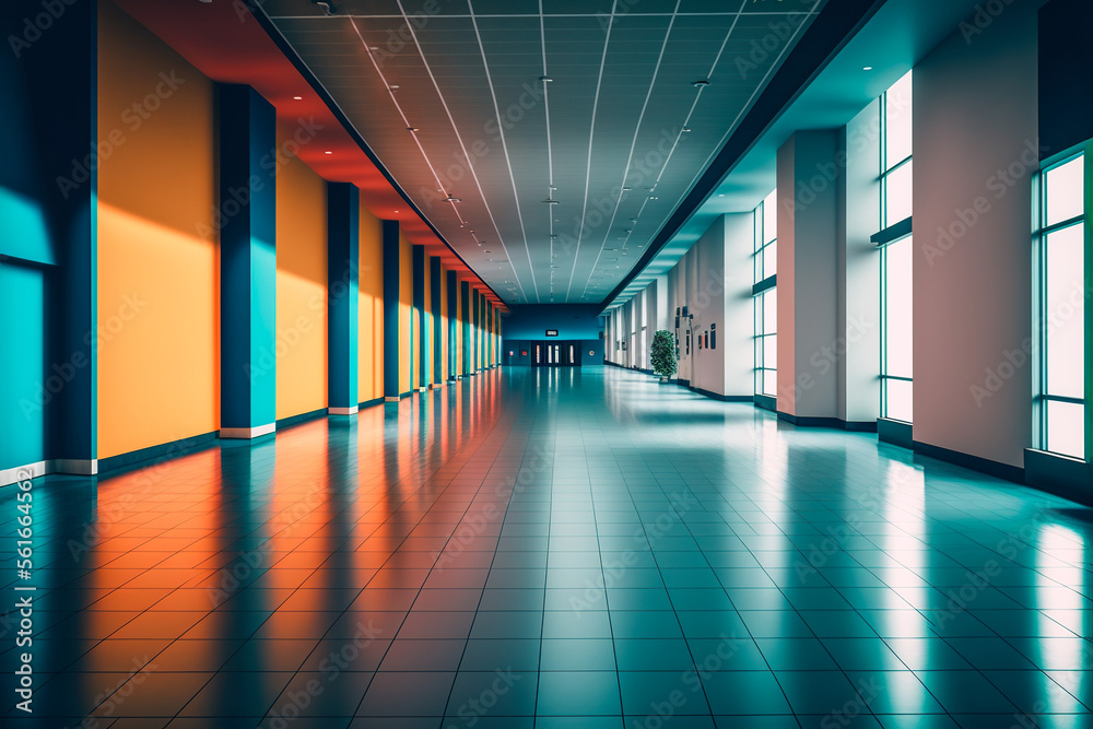 A colorful hallway of a modern building with large windows, Generative AI