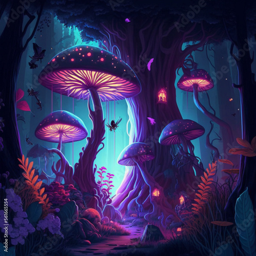 A magical forest filled with towering trees and enormous mushrooms