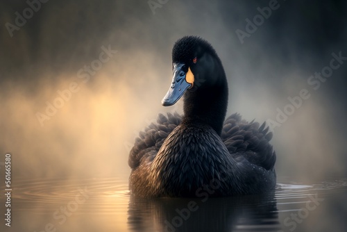 cygne noir posé sur un étang avec une légère brume - Illustration IA photo