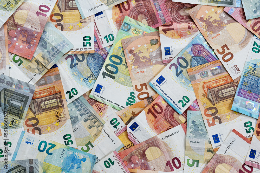 Full frame money background with a lot of different euro banknotes, finance and business concept, high angle view from above Full frame money background with a lot of different euro banknotes, finance and business concept, high angle view from above