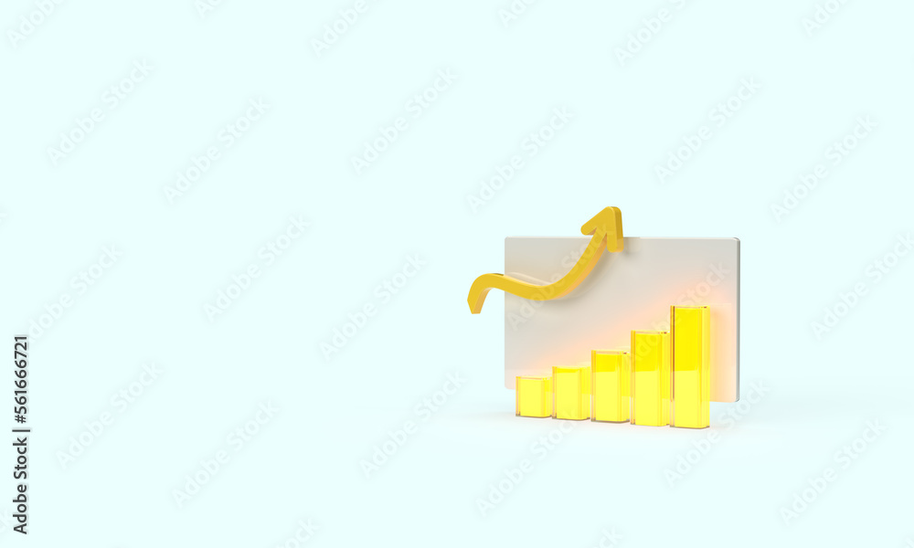 Fototapeta premium Yellow graph and up arrow. 3d render on the topic of business, work, analytics, statistics, sales and income. Modern minimal style. Blue background.
