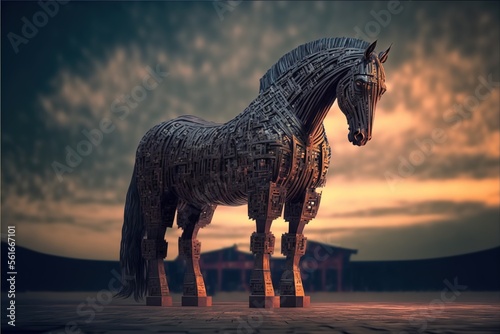 Trojan horse in the digital world, cyborg, ai, futuristic, threatening created with generative ai technology photo