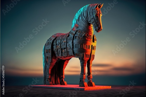 Trojan horse in the digital world, cyborg, ai, futuristic, threatening created with generative ai technology photo