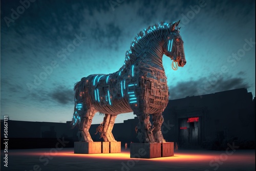 Trojan horse in the digital world, cyborg, ai, futuristic, threatening created with generative ai technology