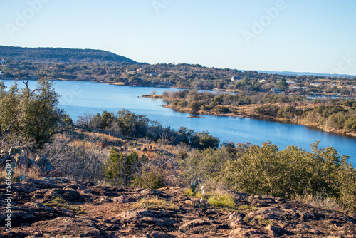 Texas Hill Country lake views from the top of a hill on a trail located in Inks Lake State Park, Burnet Texas.  Texas State Parks Celebrating 100 years. photo