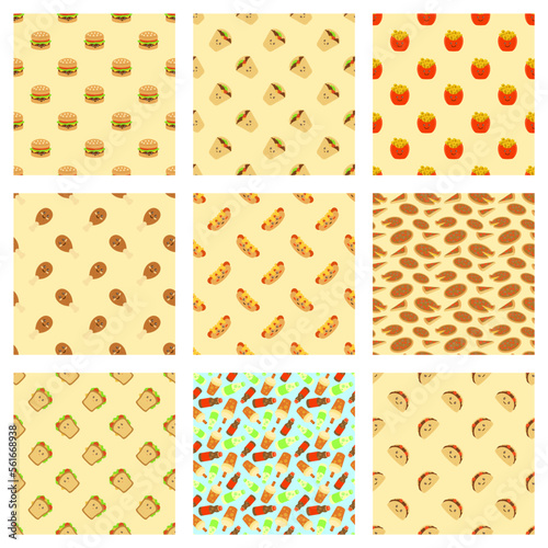 icon bundle of cute flat design pattern fast food burrito burger burrito france fries fried chicken hot dog pizza sandwich taco soft drink and cola