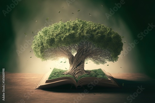 Books about eco-travel and a towering green tree Generative AI