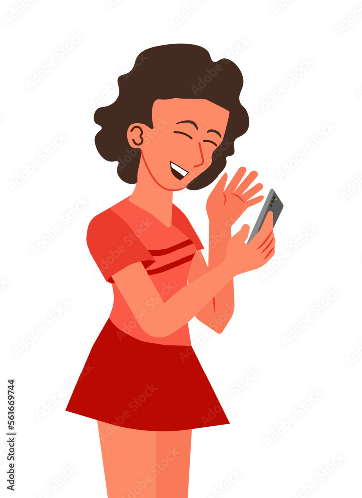 Girl smiling waving at the cell phone she holds. She wears red clothes. Vector illustration isolated on white background.