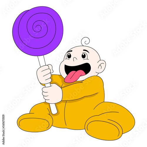 baby boy is acting cute carrying giant candy happily