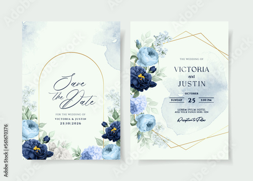 Wedding invitation template set with navy blue floral and leaves decoration