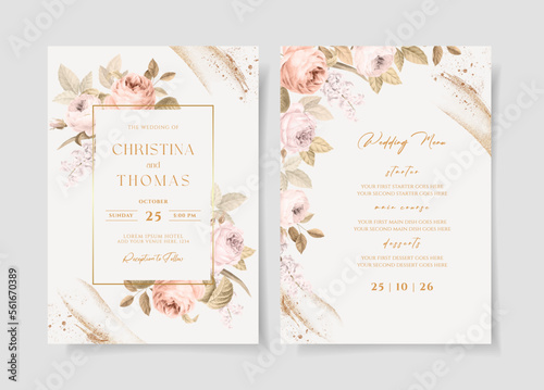Wedding invitation template set with dry peach floral and leaves decoration