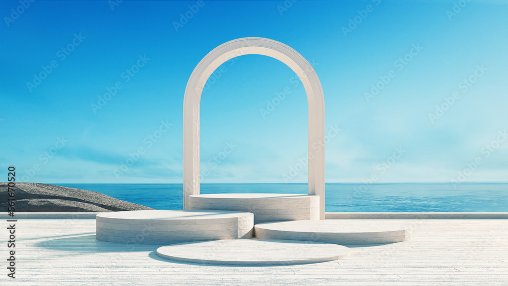 Product display podium on sea view background - 3D rendering
