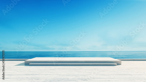 Product display podium on sea view background - 3D rendering
