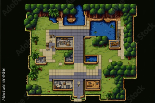 Pixel art fantasy RPG game map, top view, background in retro style for 8 bit game, Generative AI
