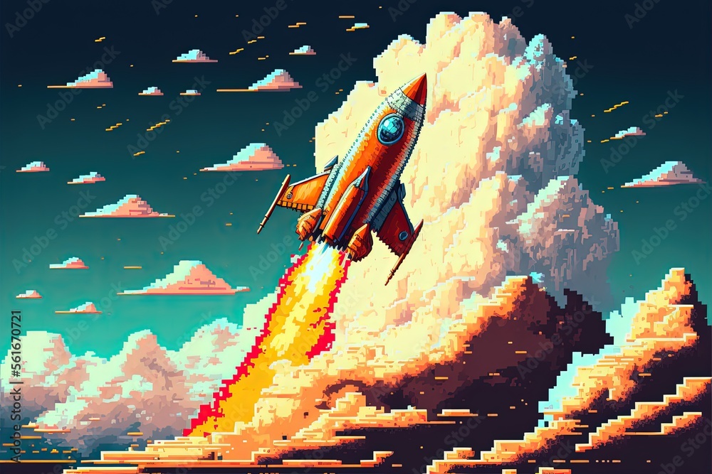 Pixel art rocket taking off in sky with clouds, background in retro ...