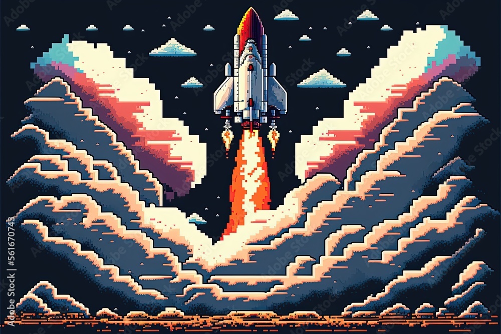 Pixel art rocket taking off in sky with clouds, background in retro ...