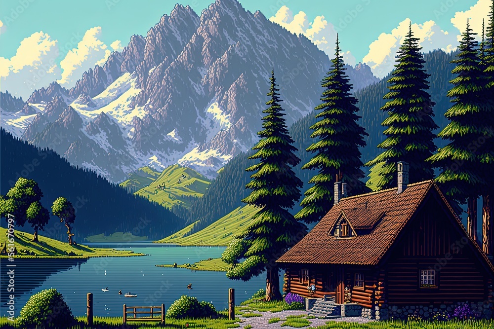 Ilustracja Stock Pixel art of Swiss landscapes with house, pine trees