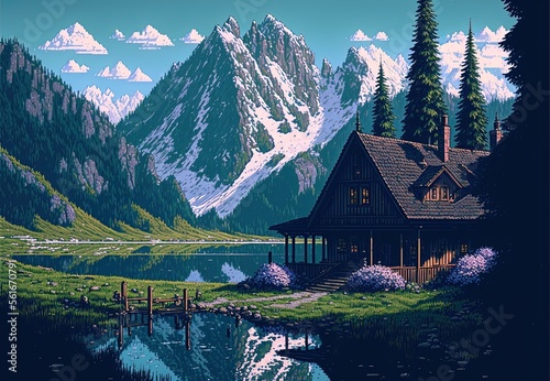 Pixel art of Swiss landscapes with house, pine trees, lake and mountains, background in retro style for 8 bit game, Generative AI