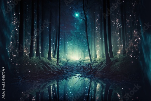 magic woods with a mysterious glow at night Generative AI