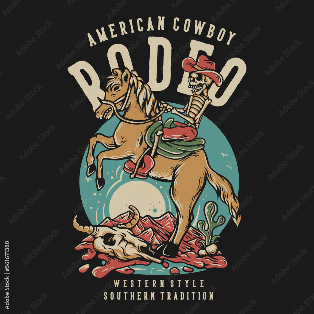 Obraz premium T Shirt Design American Cowboy Rodeo Western Style Southern Tradition With Skeleton Riding a Horse Vintage Illustration