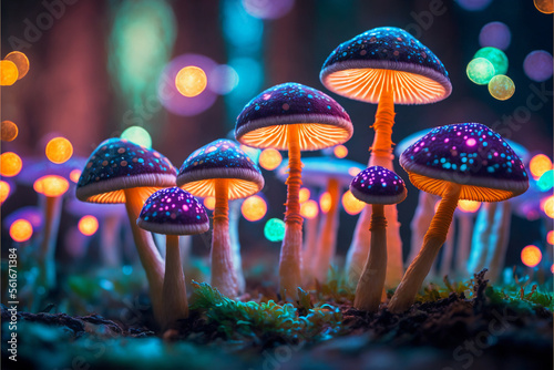 Psychedelic glowing mushrooms in a dark magic forest with twinkling lights. Generative AI