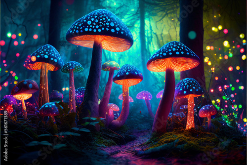Psychedelic glowing mushrooms in a dark magic forest with twinkling lights. Generative AI