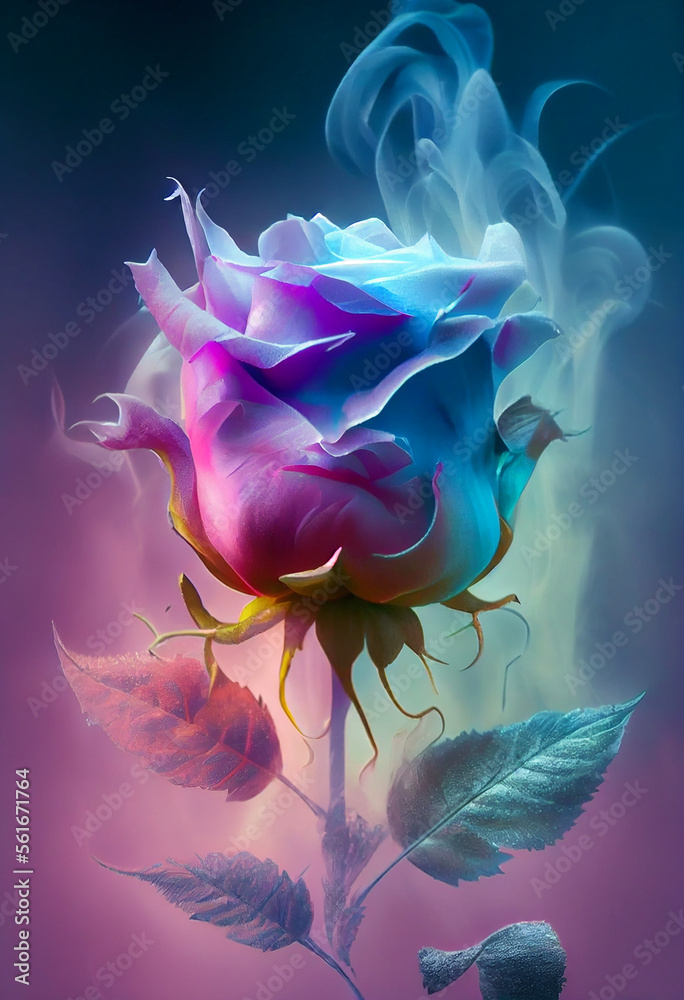 Fototapeta premium Beautiful Valentine rose flower with a soft fairy tale fog and smoke. Abstract romantic blue and purple rose flower.