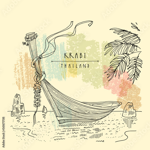 Vector Krabi, Thailand postcard. Beautiful long-tail boats in Krabi province in Andaman sea. Coastal summer paradise destination in Asia. Palm tree leaves. Travel sketch. Hand drawn vintage poster