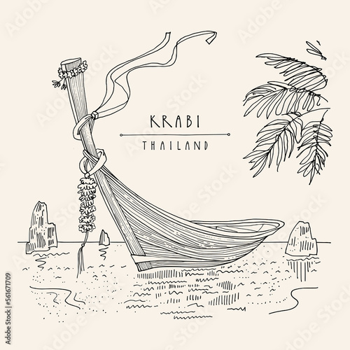 Vector Krabi, Thailand postcard. Beautiful long-tail boats in Krabi province in Andaman sea. Coastal summer paradise destination in Asia. Palm tree leaves. Travel sketch. Hand drawn vintage poster