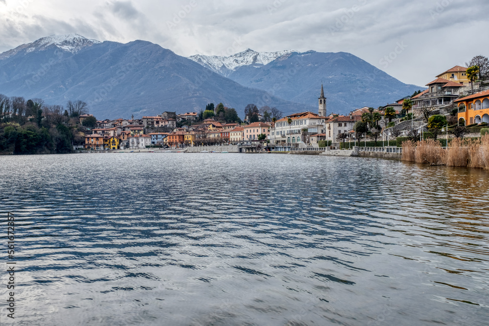 Winter view of the village of Mergozzo, on the same name small lake. Is a glacial origin lake, close to the biggest Maggiore Lake, in Piedmont region (Northern Italy).