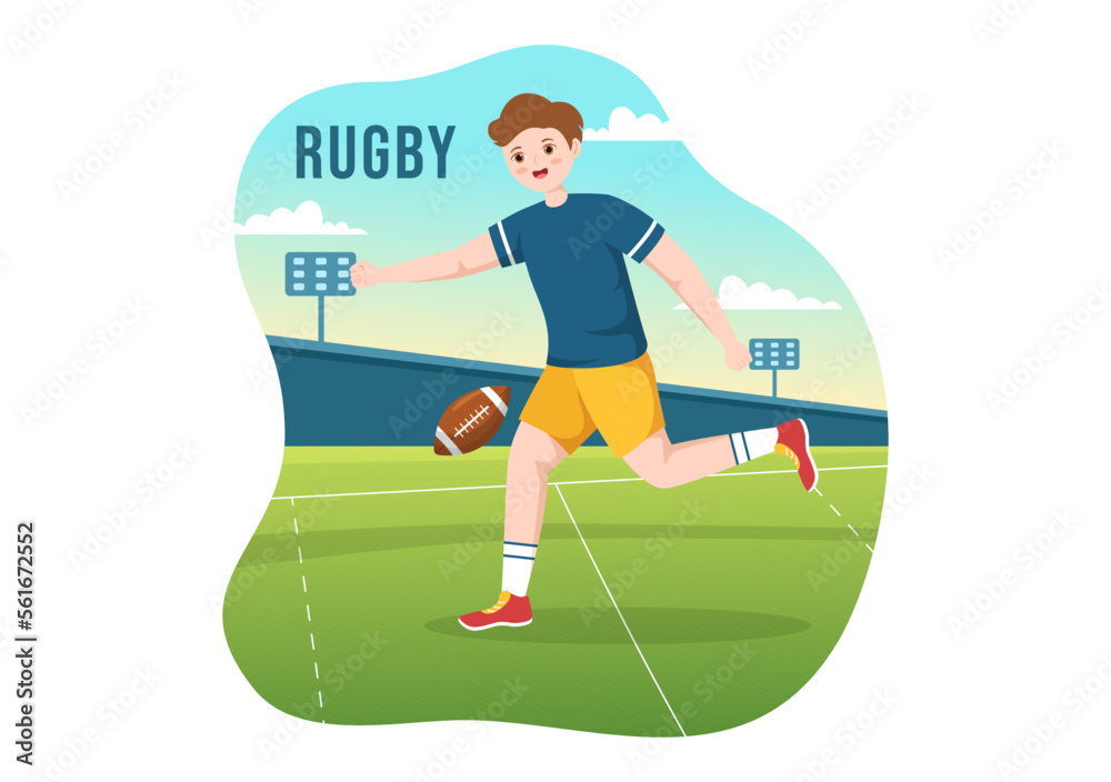 Rugby Player Running Illustration with a Ball in Championship Sport for Web Banner or Landing Page in Flat Cartoon Hand Drawn Templates Rugby Player Running Illustration with a Ball in Championship Sport for Web Banner or Landing Page in Flat Cartoon Hand Drawn Templates
