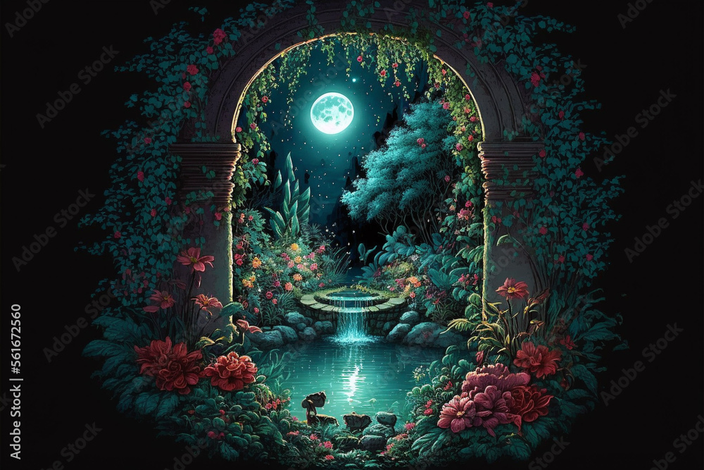 Obraz premium Lush Secret Garden with Fountain at Night with Full Moon