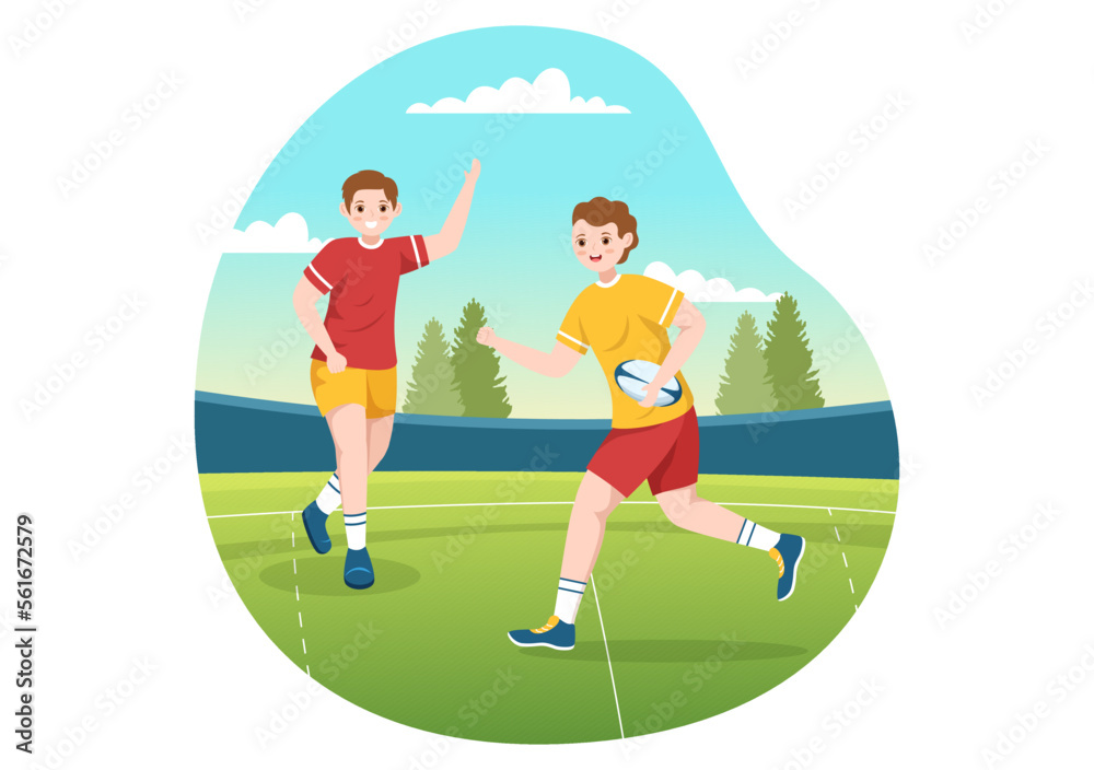 Fototapeta premium Rugby Player Running Illustration with a Ball in Championship Sport for Web Banner or Landing Page in Flat Cartoon Hand Drawn Templates